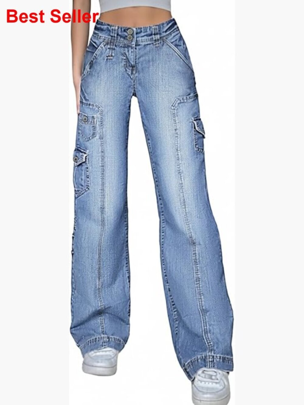 Stretchy Wide Leg Cargo Jeans with Utility Pockets